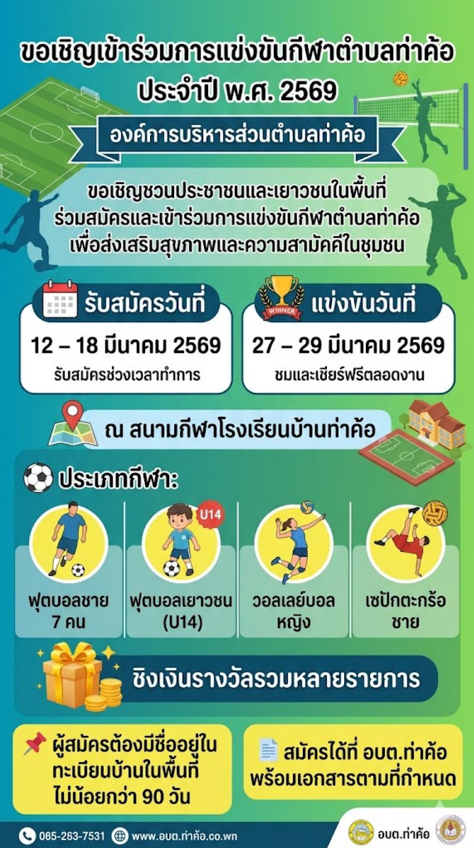 องค์การบริหารส่วนตำบลท่าค้อ ขอเชิญชวนประชาชนและเยาวชนในพื้นที่ ร่วมสมัครและเข้าร่วมการแข่งขันกีฬาตำบลท่าค้อ เพื่อส่งเสริมสุขภาพและความสามัคคีในชุมชน  ???? รับสมัครวันที่ 12 – 18 มีนาคม 2569 ???? แข่งขันวันที่ 27 – 29 มีนาคม 2569 ???? ณ สนามกีฬาโรงเรียนบ้านท่าค้อ